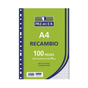 Recambio A-4 100 Hojas 90 grs 4 Taladros Cuadro 4 mm