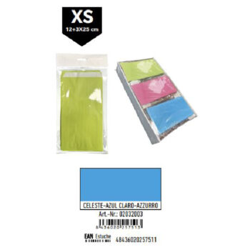 Pack 12 Sobres Celulosa Celeste Tamaño "XS" 12+3x25 cm